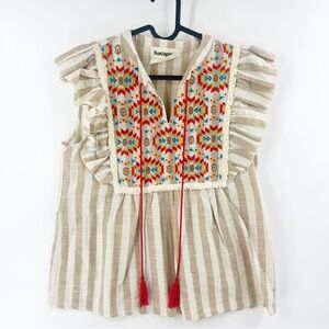 ✅ SAVANNA JANE Marisol Embroidery Top SIZE MEDIUM BOHO RUFFLE SLEEVE